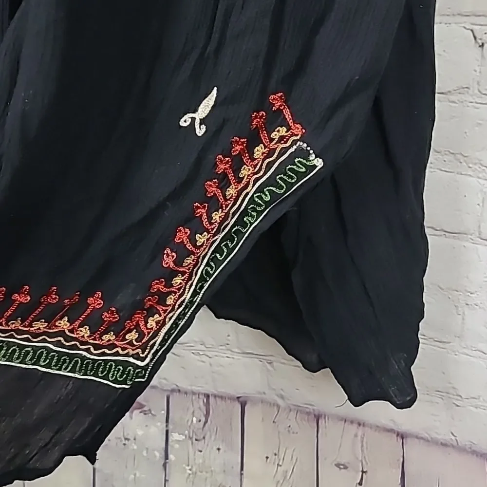 Roaman's Embroidered Black Crepe Broomstick Skirt Midi Maxi Long Peasant Vintage